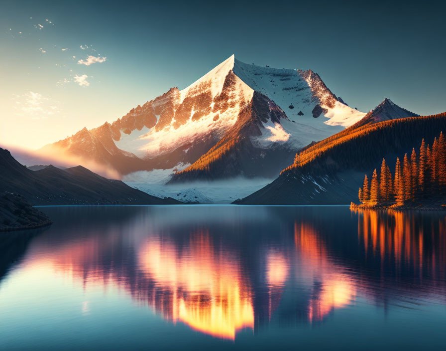 Tranquil mountain reflected in calm lake at sunset