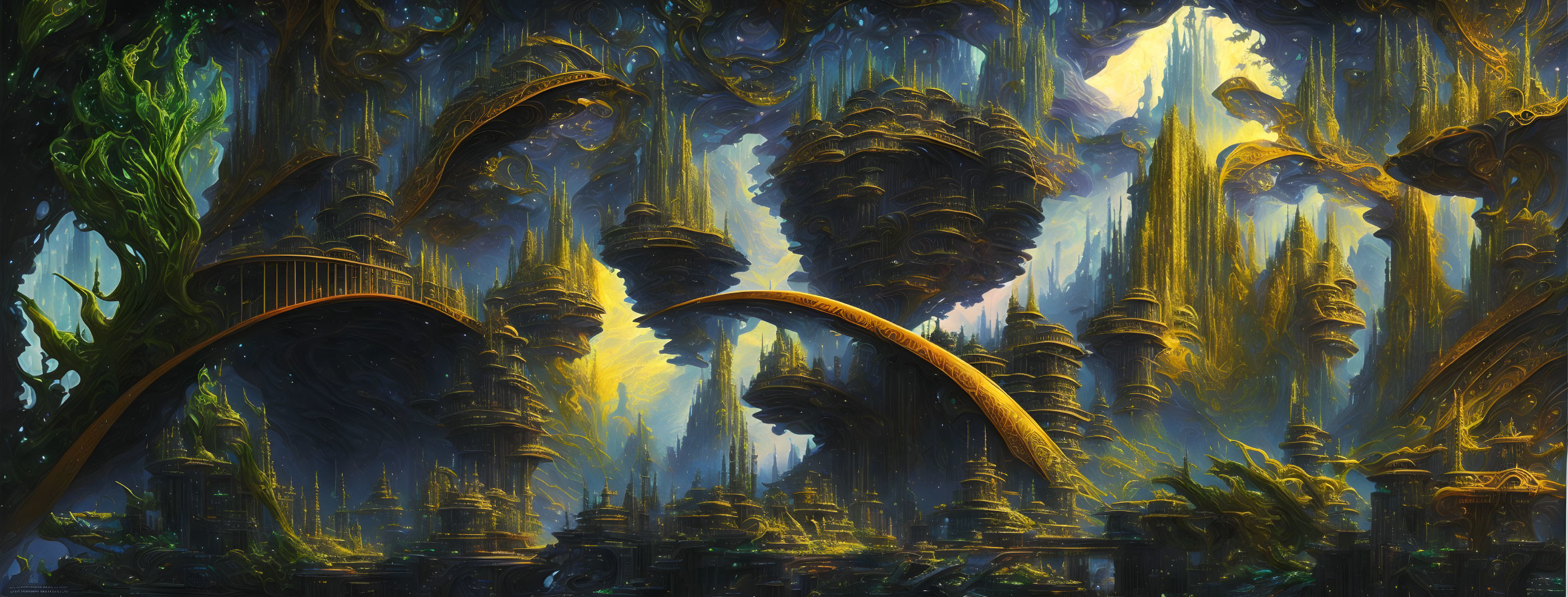 Fantastical alien structures in warm golden light