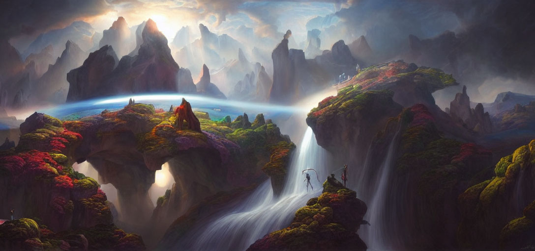 Mystical landscape with floating islands, waterfalls, lush greenery, mountains