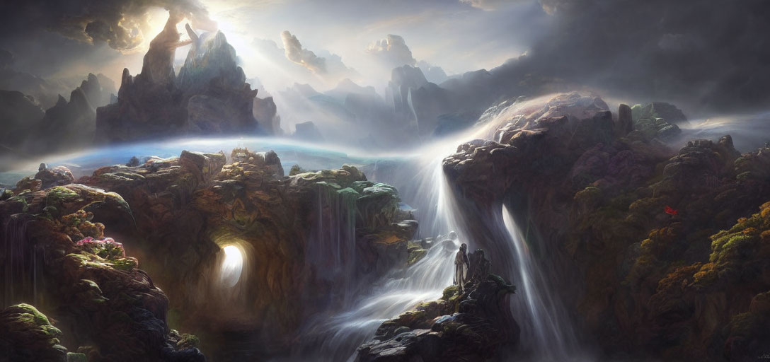 Mystical landscape with waterfalls, rainbow, and ethereal light among mountains