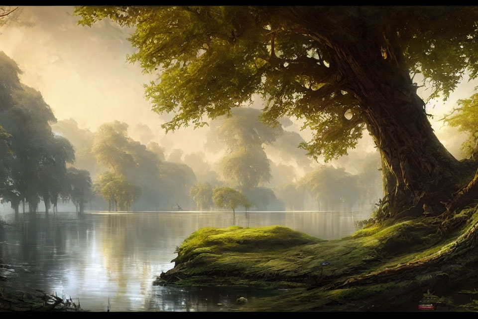 Majestic tree beside calm lake with sun rays and lush greenery reflected on water