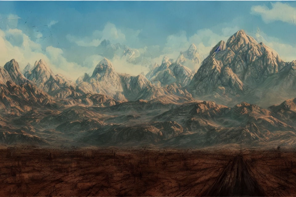 Snowy Peaks and Barren Path in Mountain Painting