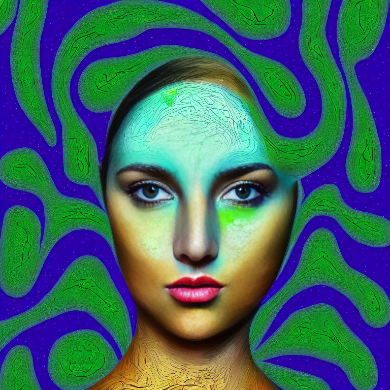 Surreal portrait of woman with green-blue textured skin and swirled backdrop