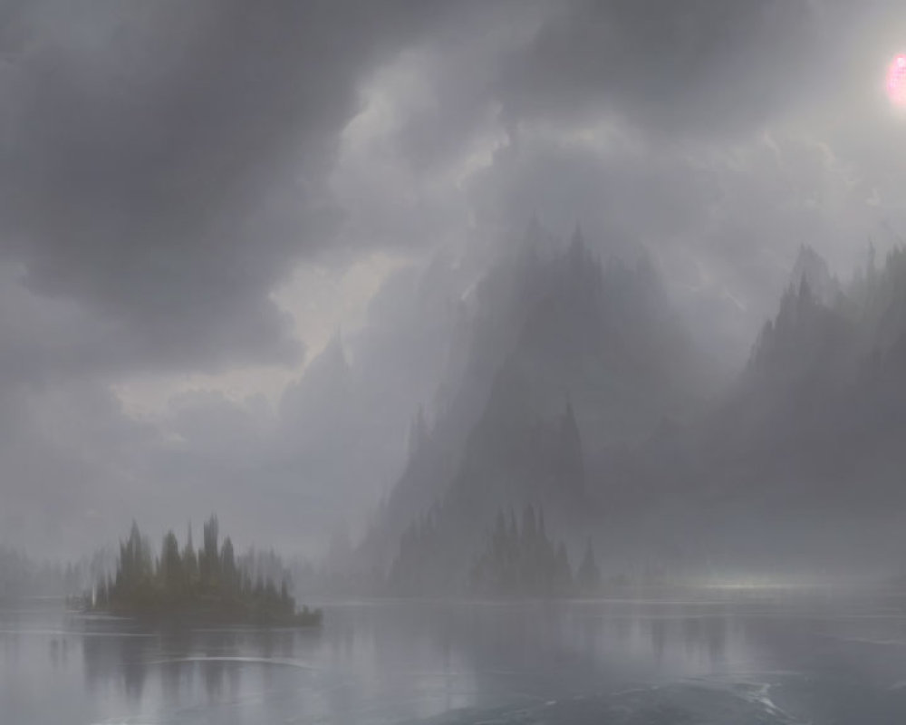 Misty Mountains and Tranquil Lake Under Gloomy Sky