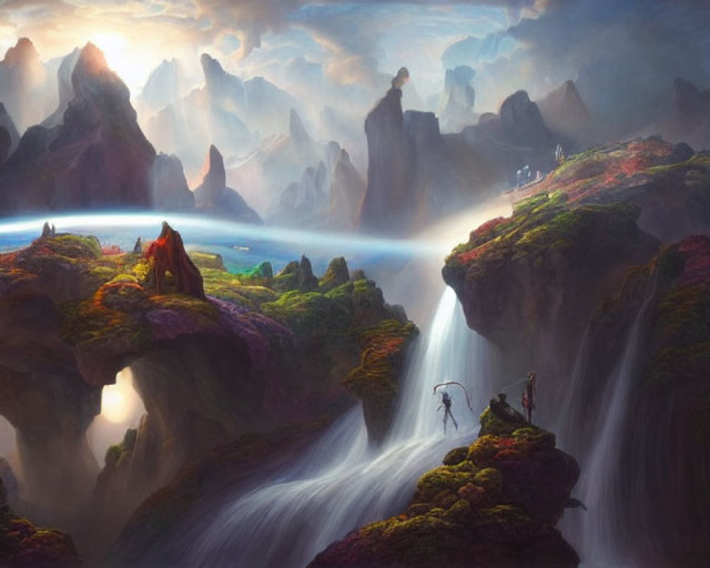 Mystical landscape with floating islands, waterfalls, lush greenery, mountains