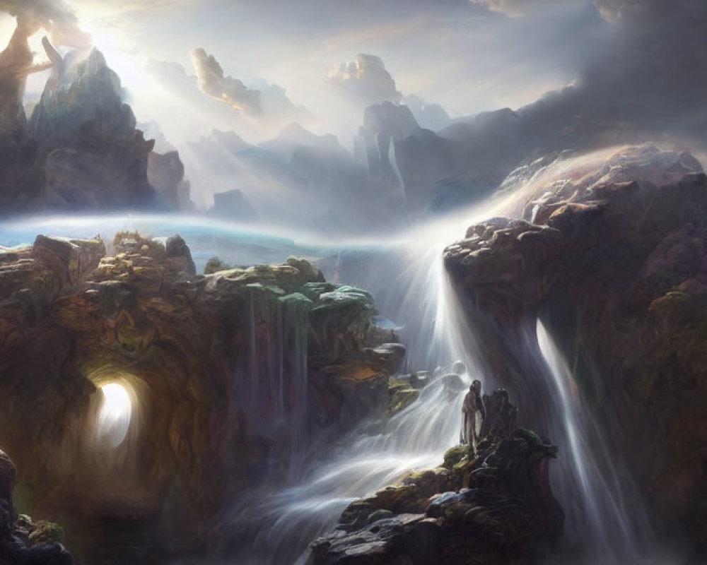 Mystical landscape with waterfalls, rainbow, and ethereal light among mountains