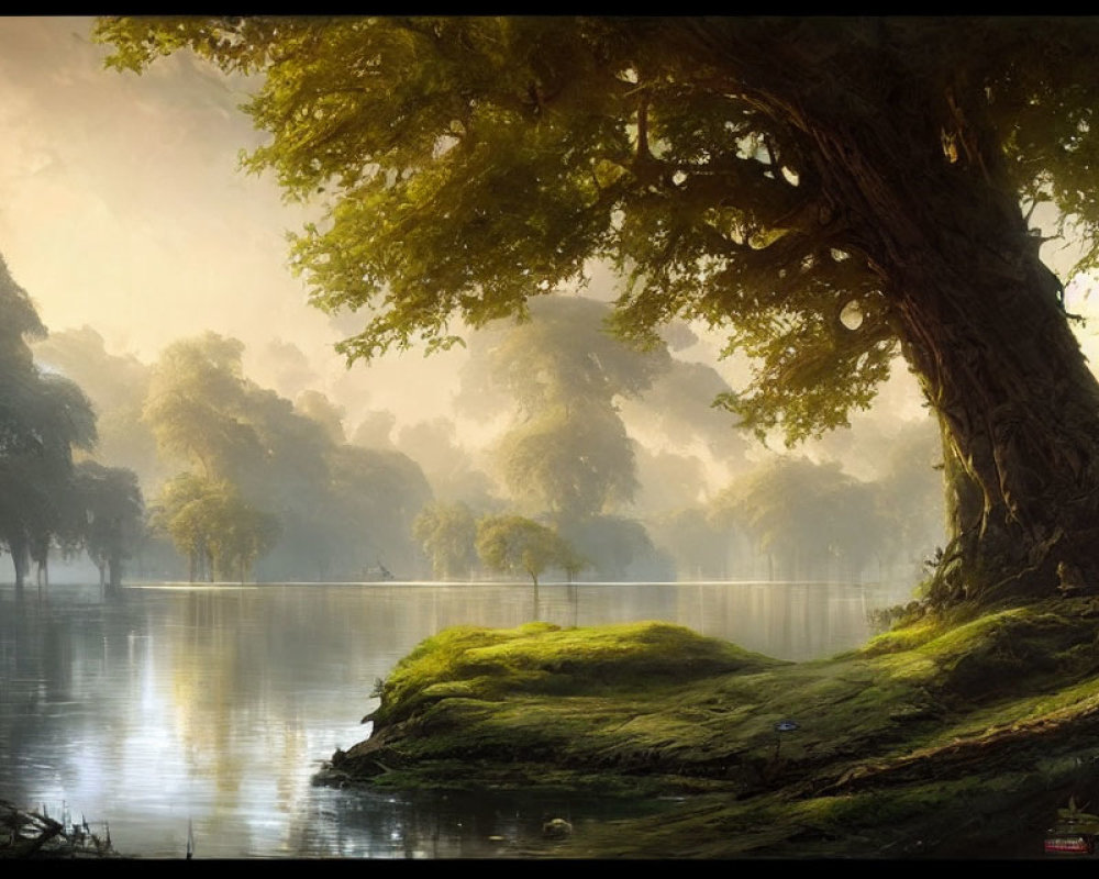 Majestic tree beside calm lake with sun rays and lush greenery reflected on water