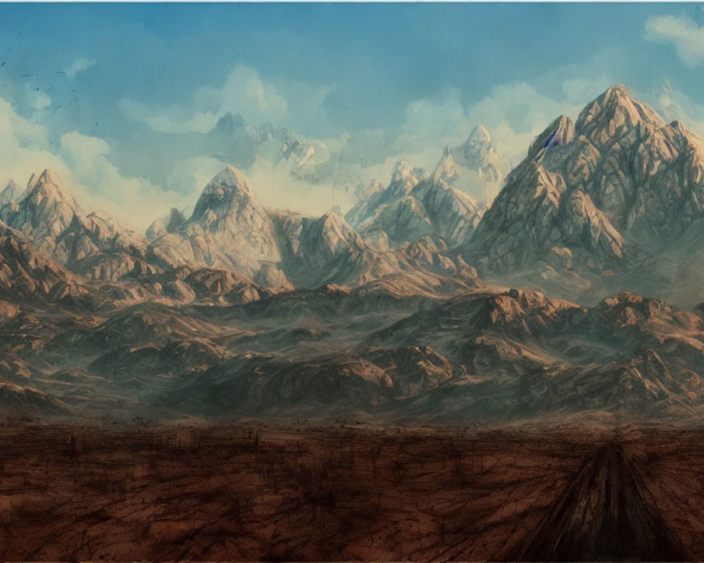 Snowy Peaks and Barren Path in Mountain Painting