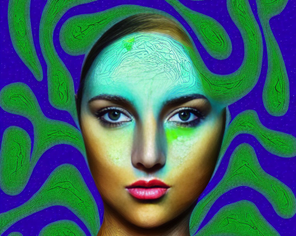 Surreal portrait of woman with green-blue textured skin and swirled backdrop