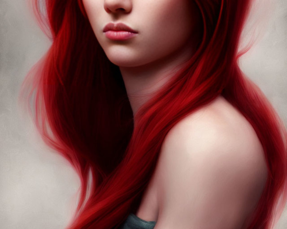 Portrait of young woman with long red hair and blue eyes