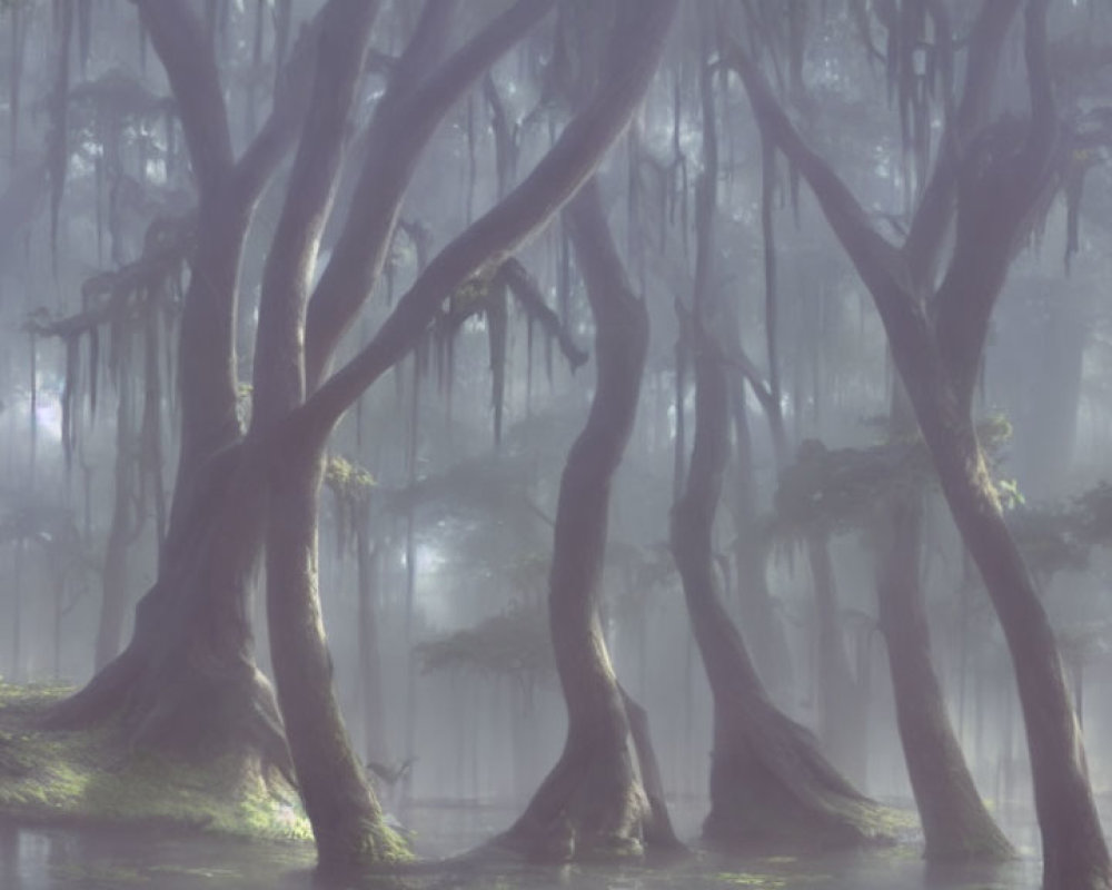 Gnarled trees in misty forest with hanging moss