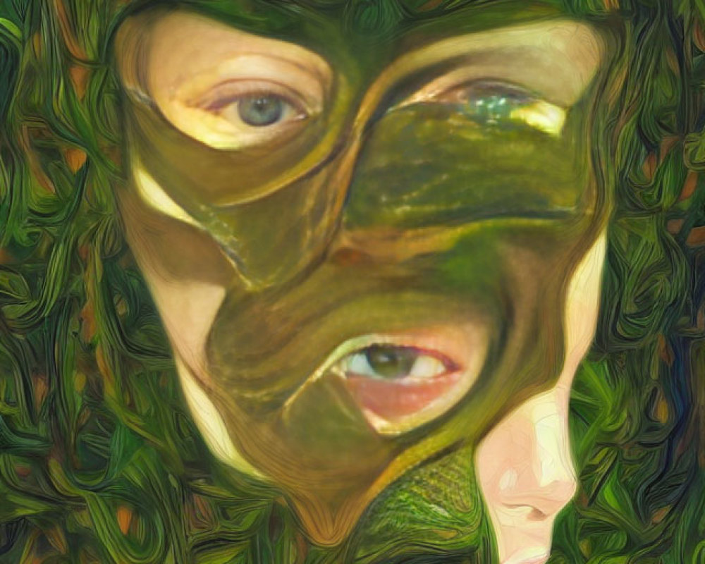 Abstract face merging with green leaf textures in surreal art.