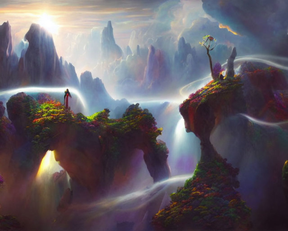 Fantasy landscape with robed figure on cliff, foggy mountains, vibrant flora, sunlight beams