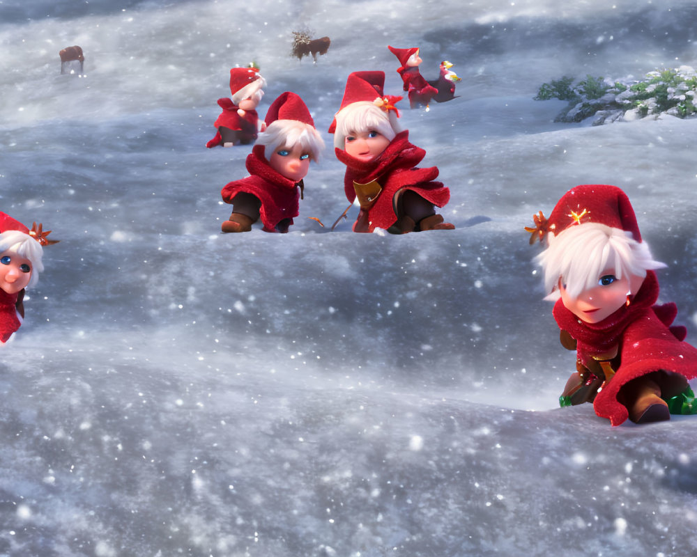 Red-cloaked animated elves in snowy landscape with deer