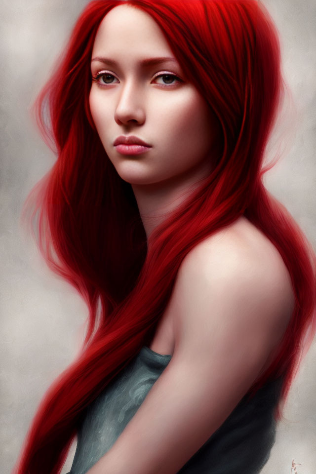 Portrait of young woman with long red hair and blue eyes