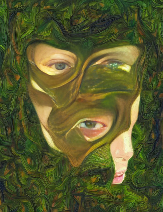 Abstract face merging with green leaf textures in surreal art.