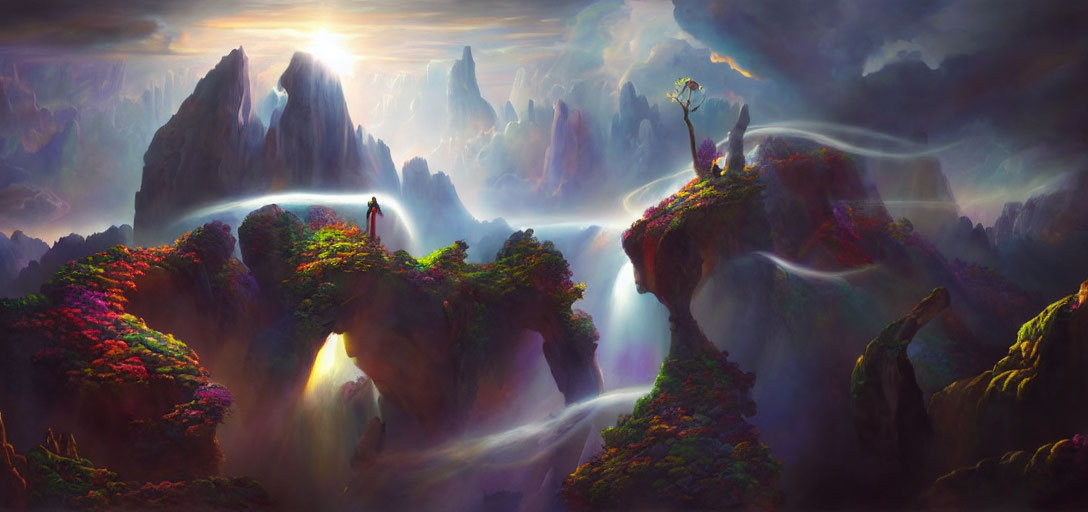 Fantasy landscape with robed figure on cliff, foggy mountains, vibrant flora, sunlight beams