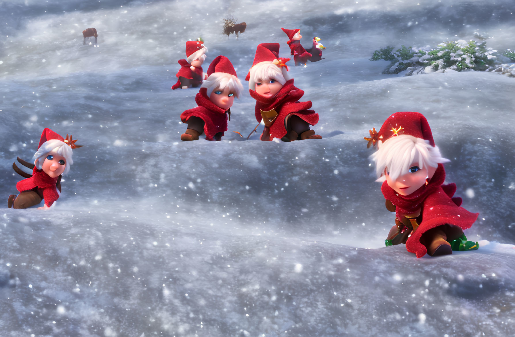 Red-cloaked animated elves in snowy landscape with deer