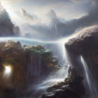 Mystical landscape with floating islands, waterfalls, lush greenery, mountains