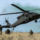 Military helicopters flying low over grassy field in clear focus