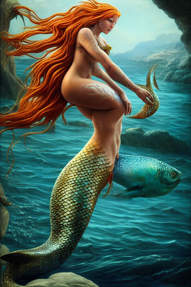 Mermaid with Red Hair and Green Tail on Rock in Underwater Scene