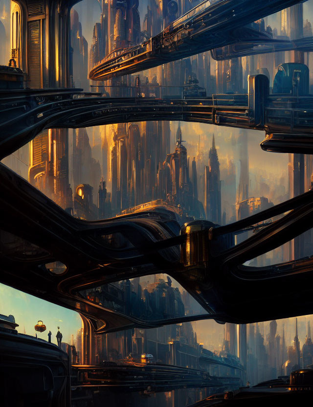 Futuristic cityscape with towering skyscrapers and transit structures at sunrise.