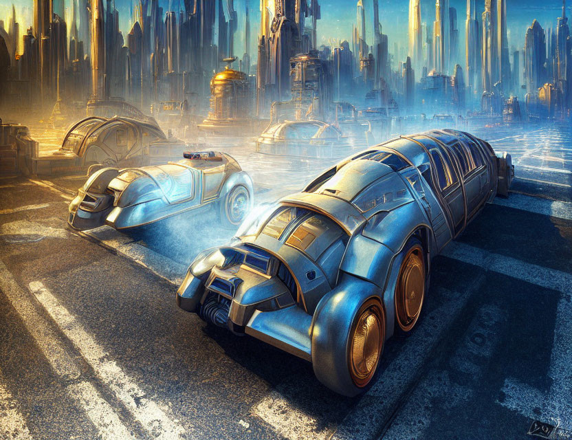 Armored cars racing in futuristic metropolis with skyscrapers