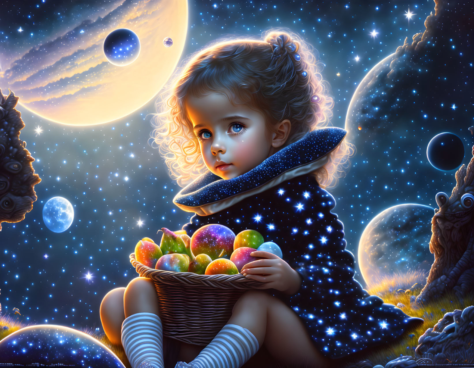 Young girl with fruit basket in starry cloak under celestial background