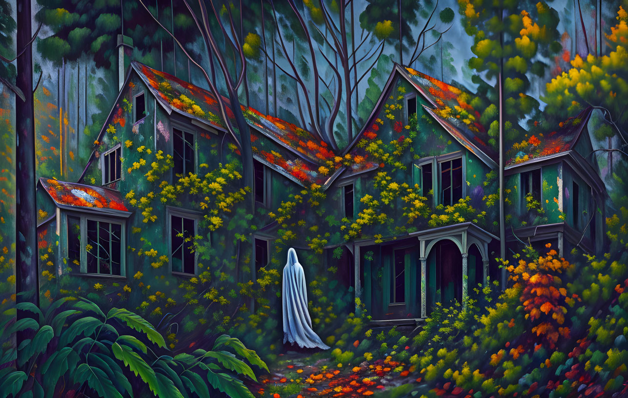 Ethereal figure in front of abandoned house in dense, colorful forest