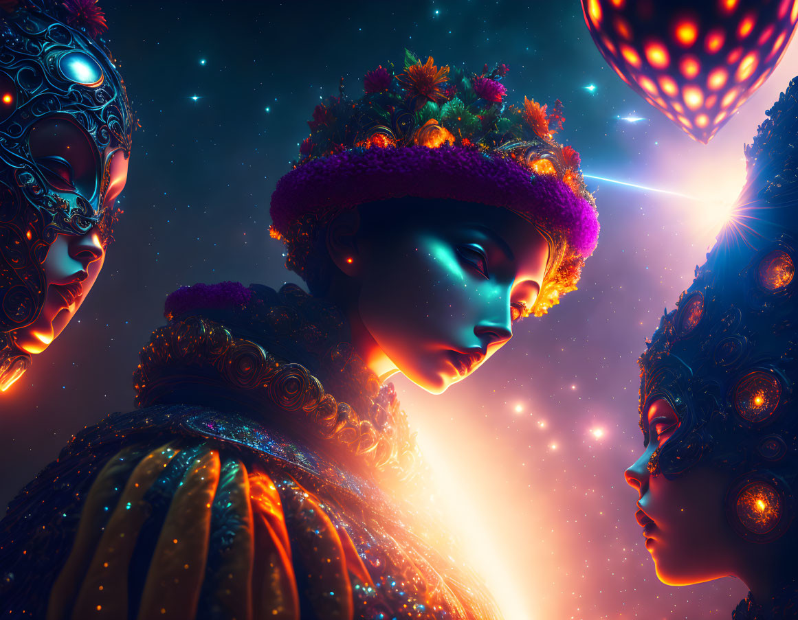 Digital art: Three ethereal figures with glowing skin in cosmic setting