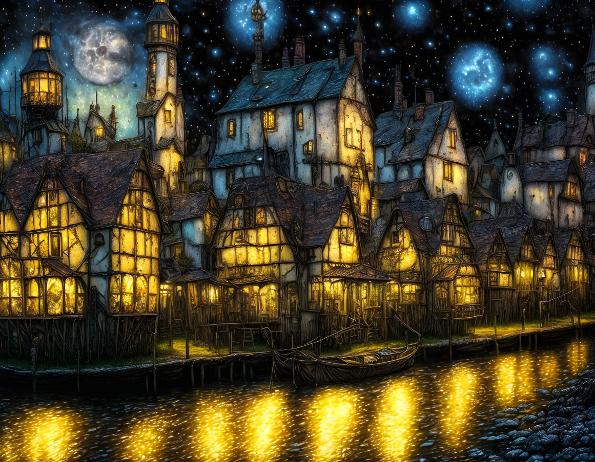 Old village night scene: half-timbered houses, river, boat, starry sky,