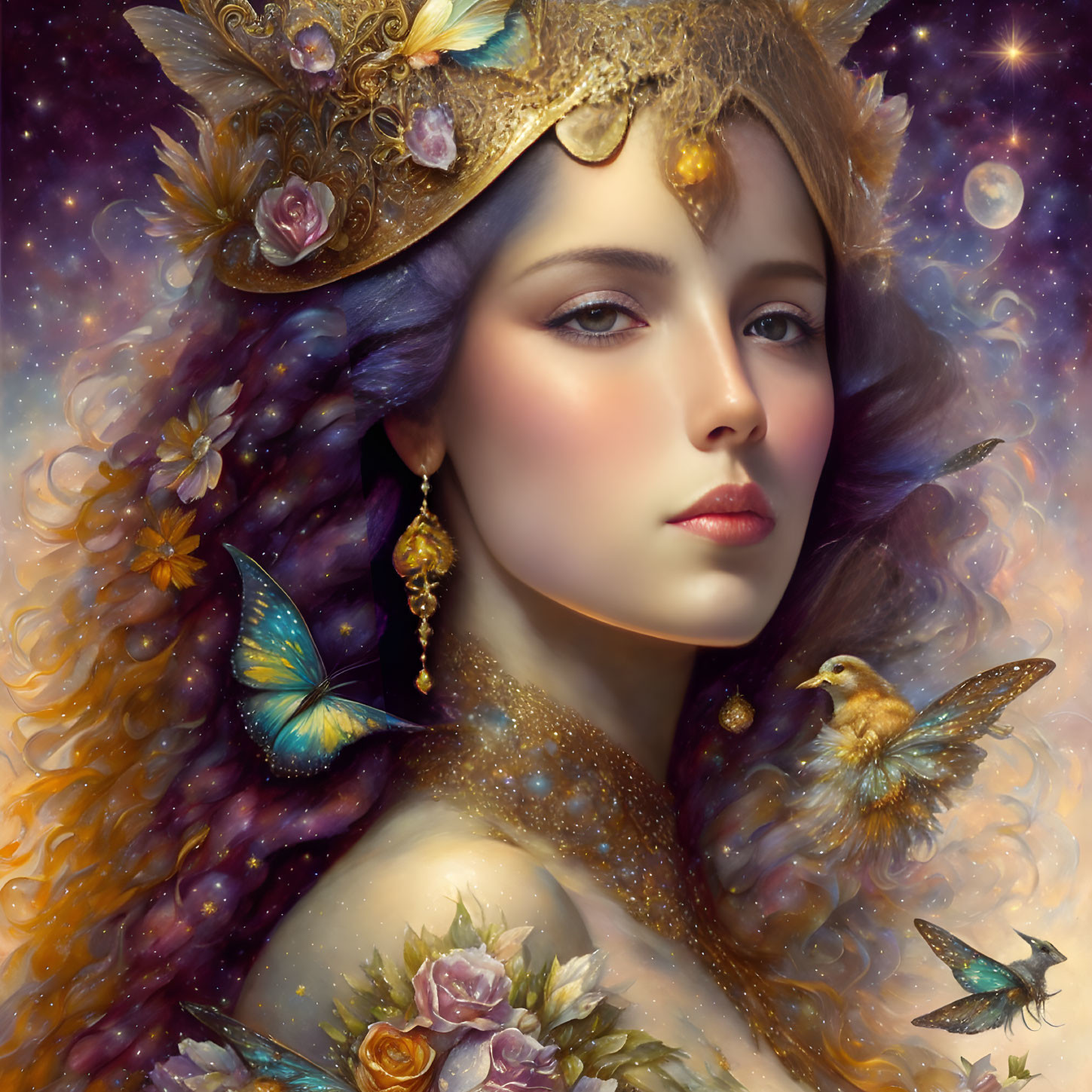 Fantasy portrait of woman with floral and butterfly adornments