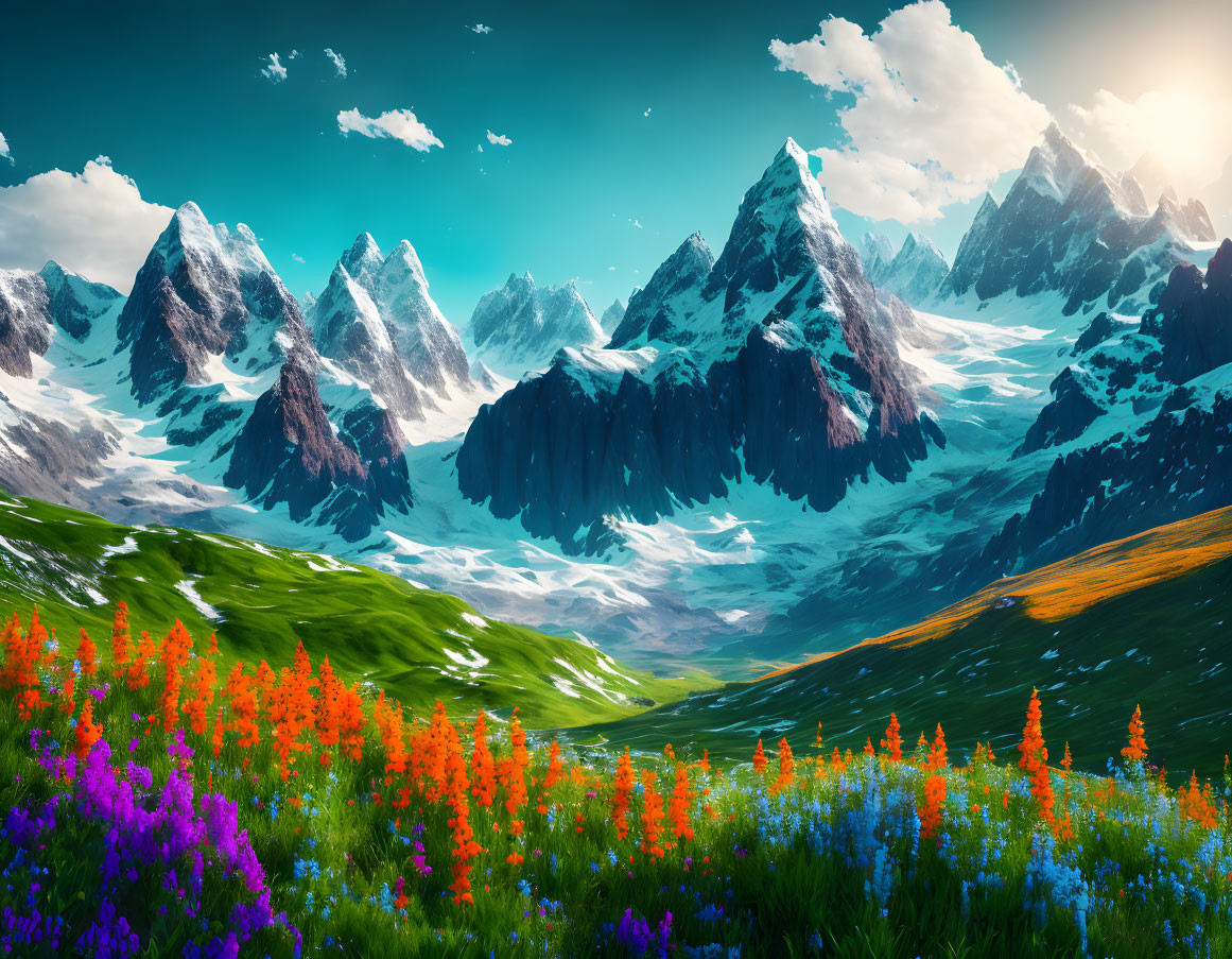 Colorful meadow with wildflowers and snow-capped mountains under blue sky