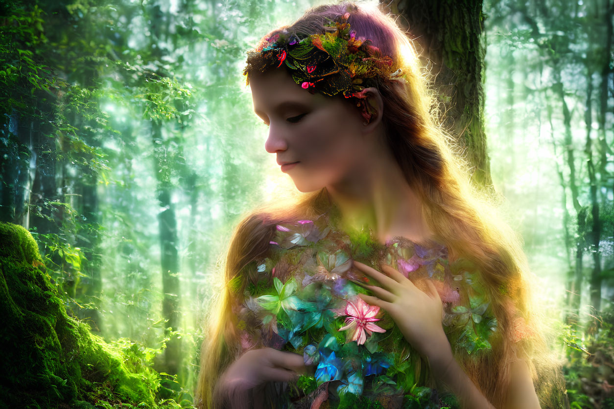 Woman adorned with leaves and flowers in mystical forest setting