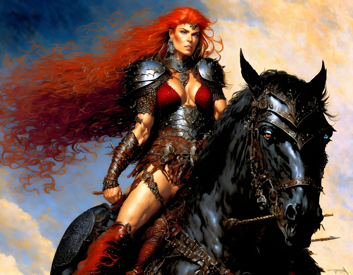 Warrior woman with red hair rides black horse under blue sky