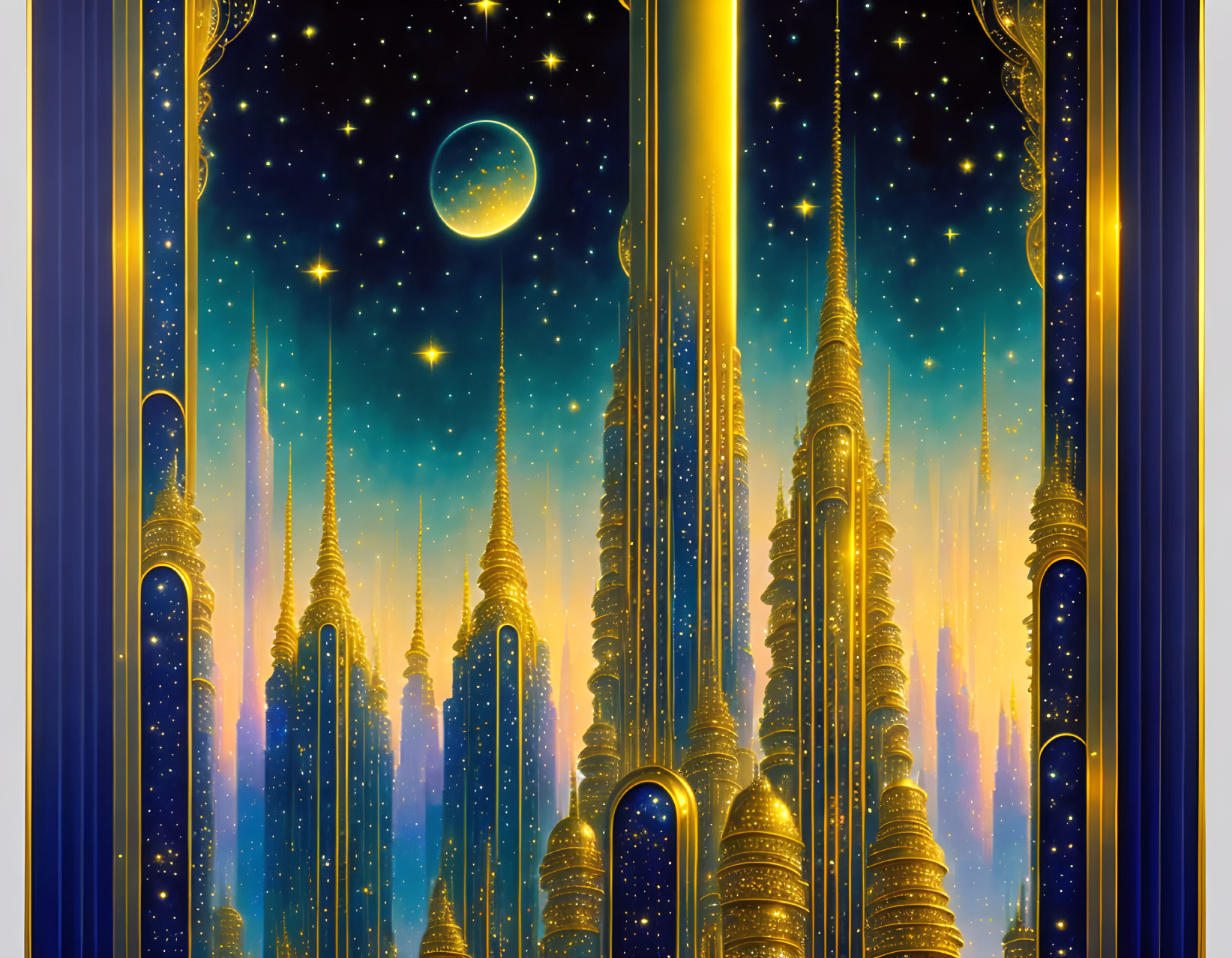 Golden spired structures under starry night sky and full moon