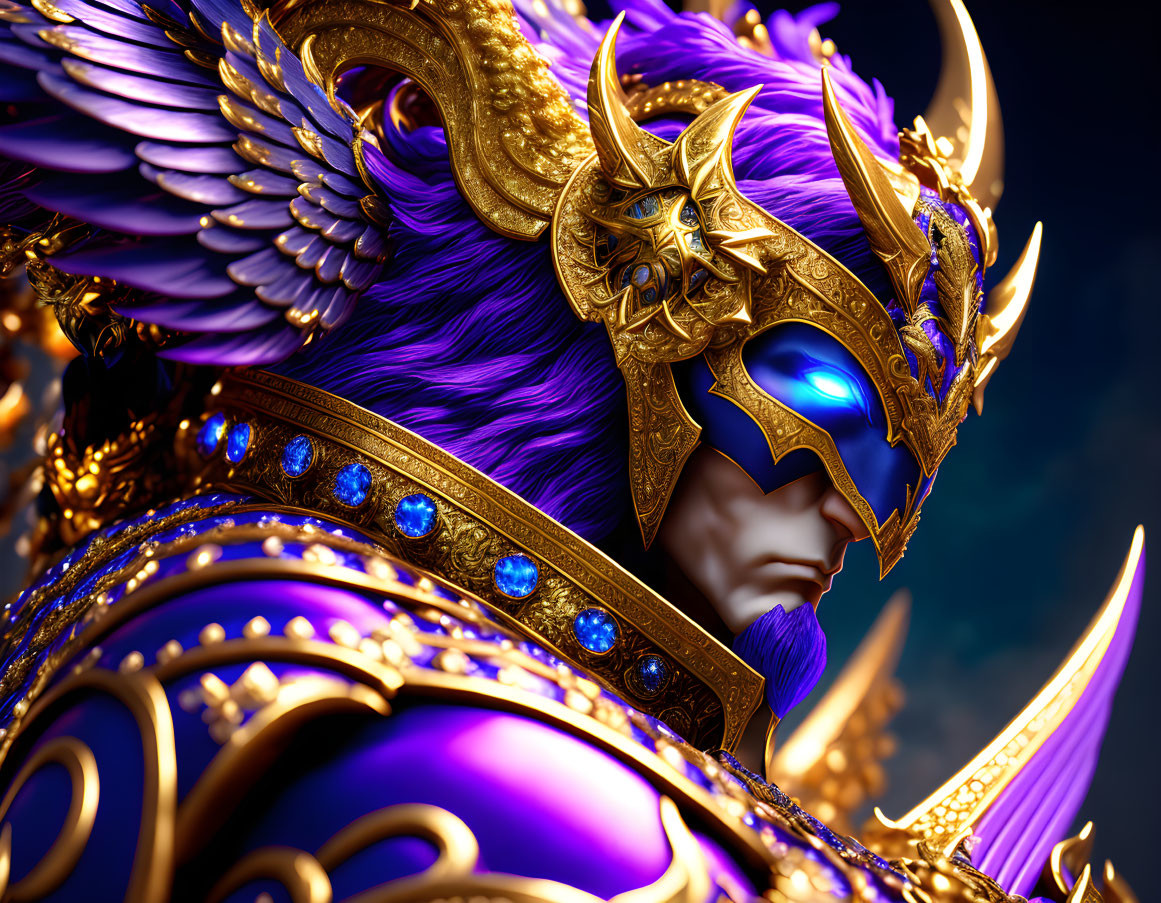 Character in Ornate Golden Armor with Winged Helmet and Blue Gemstones