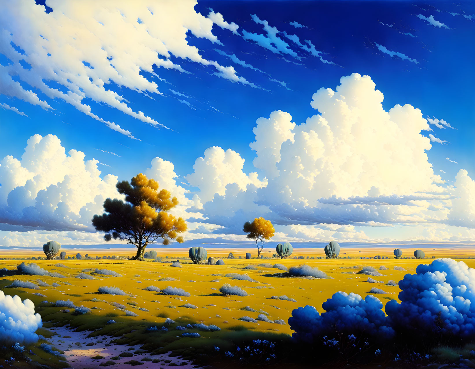 Scenic landscape: yellow field, blue sky, fluffy clouds, trees.