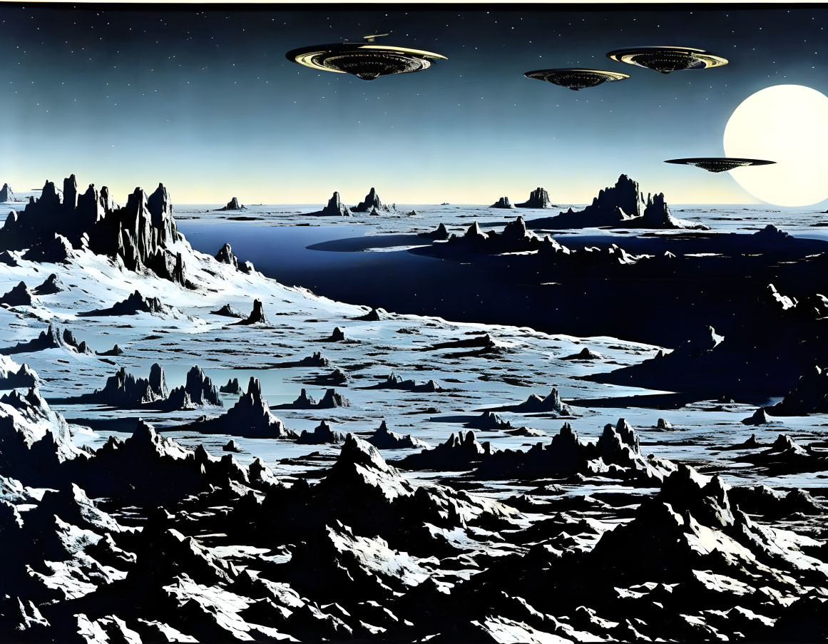 Sci-fi landscape with icy terrain, flying saucers, and celestial body