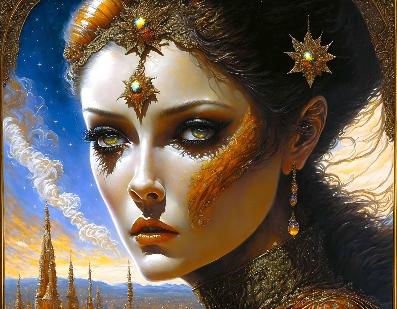 Fantasy portrait of a woman adorned with gold and gemstones against a mystical backdrop.