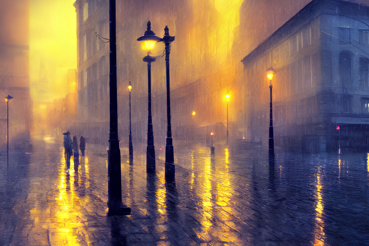 Vintage lamp posts illuminate rainy urban street at night