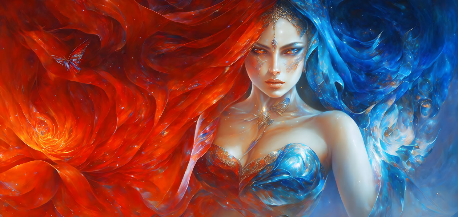 Fantasy artwork: Woman with fiery red and swirling blue hair contrast.