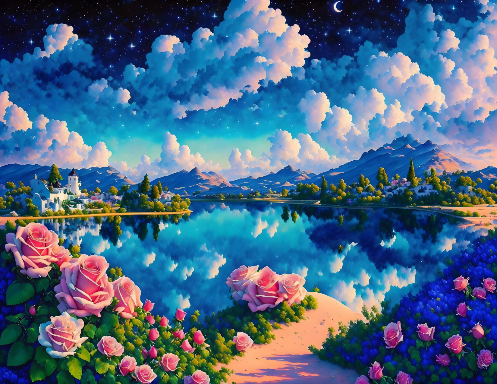 Scenic landscape with lake, mountains, house, roses, night sky