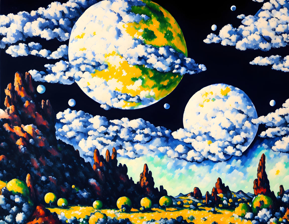 Surreal landscape painting with moon-like celestial bodies and star-studded sky