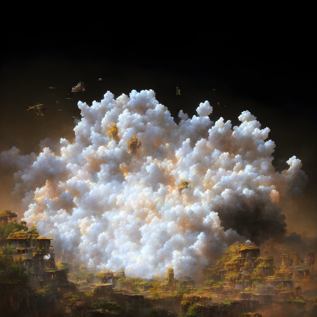 Darkened landscape with looming smoke cloud and hovering figures or vehicles