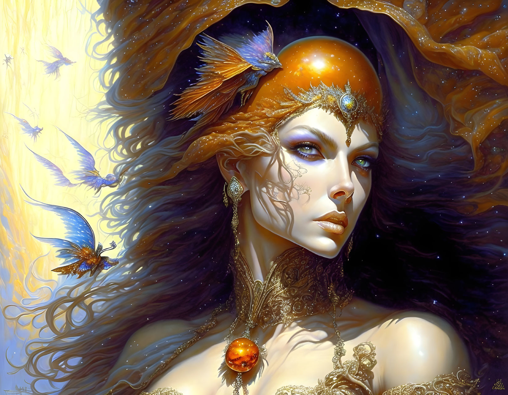 Fantasy portrait of woman with flowing hair, ornate jewelry, and birds against cosmic background