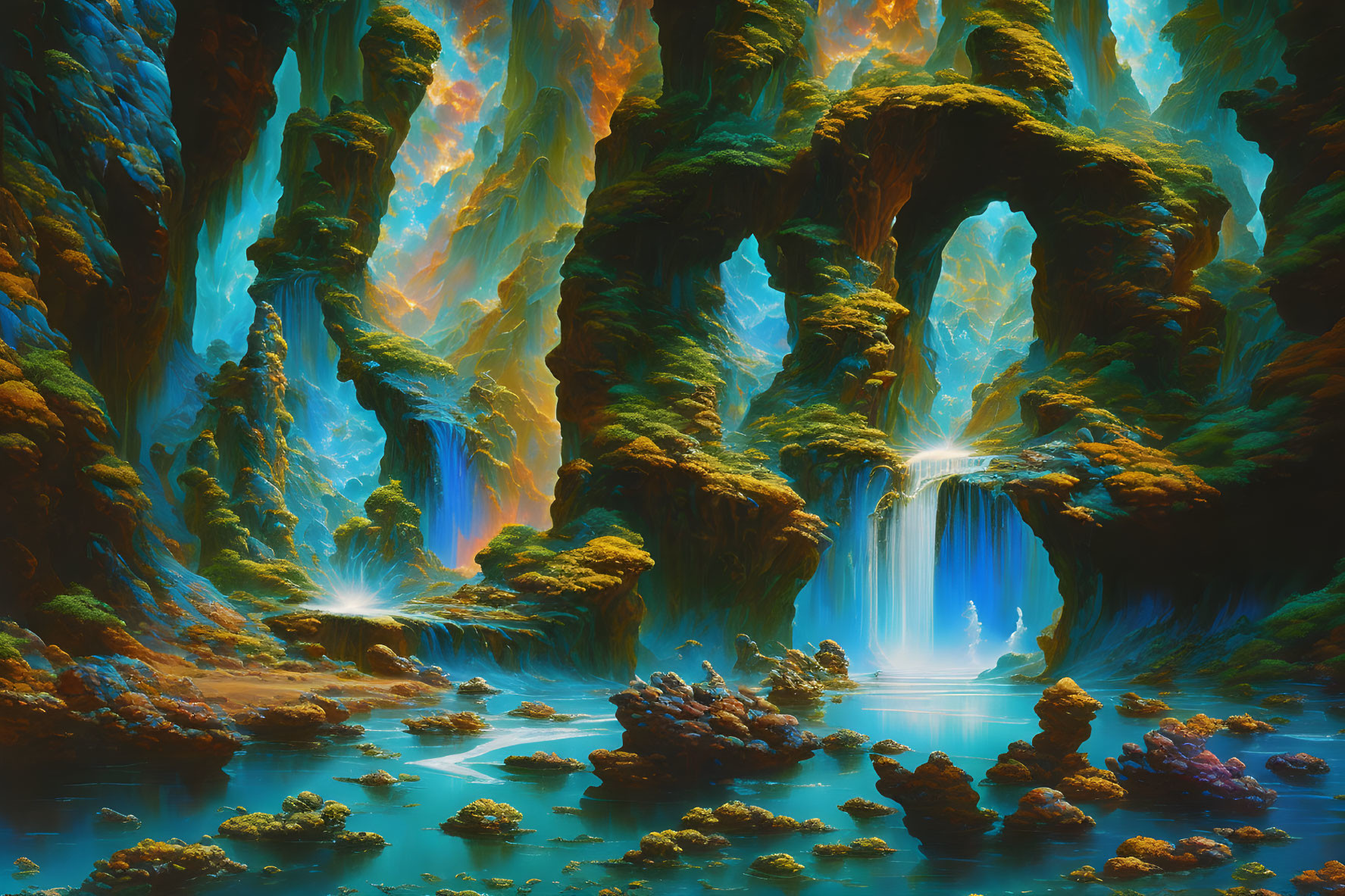 Majestic cave with moss, waterfall, and glowing blue light