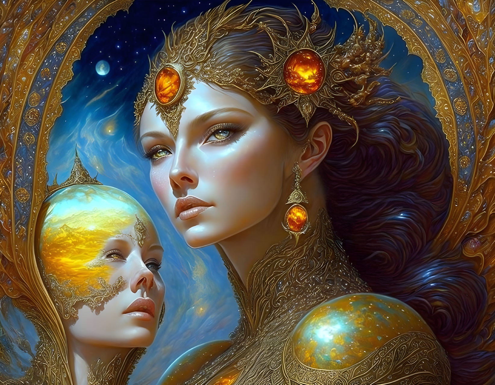 Fantastical image: Woman in gold with celestial motifs and masked figure in cosmic setting