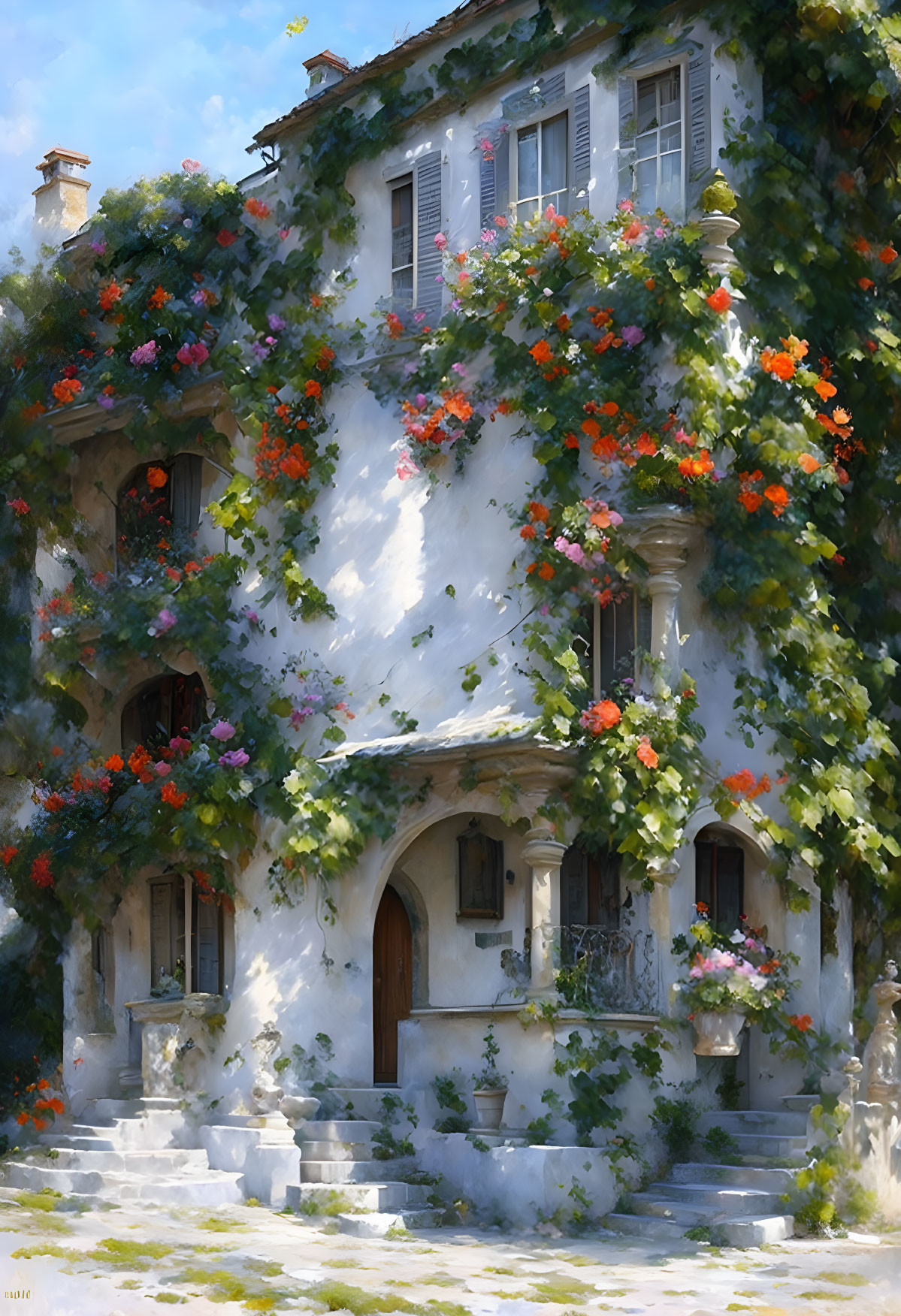 Charming two-story house with ivy-covered walls and colorful flowers