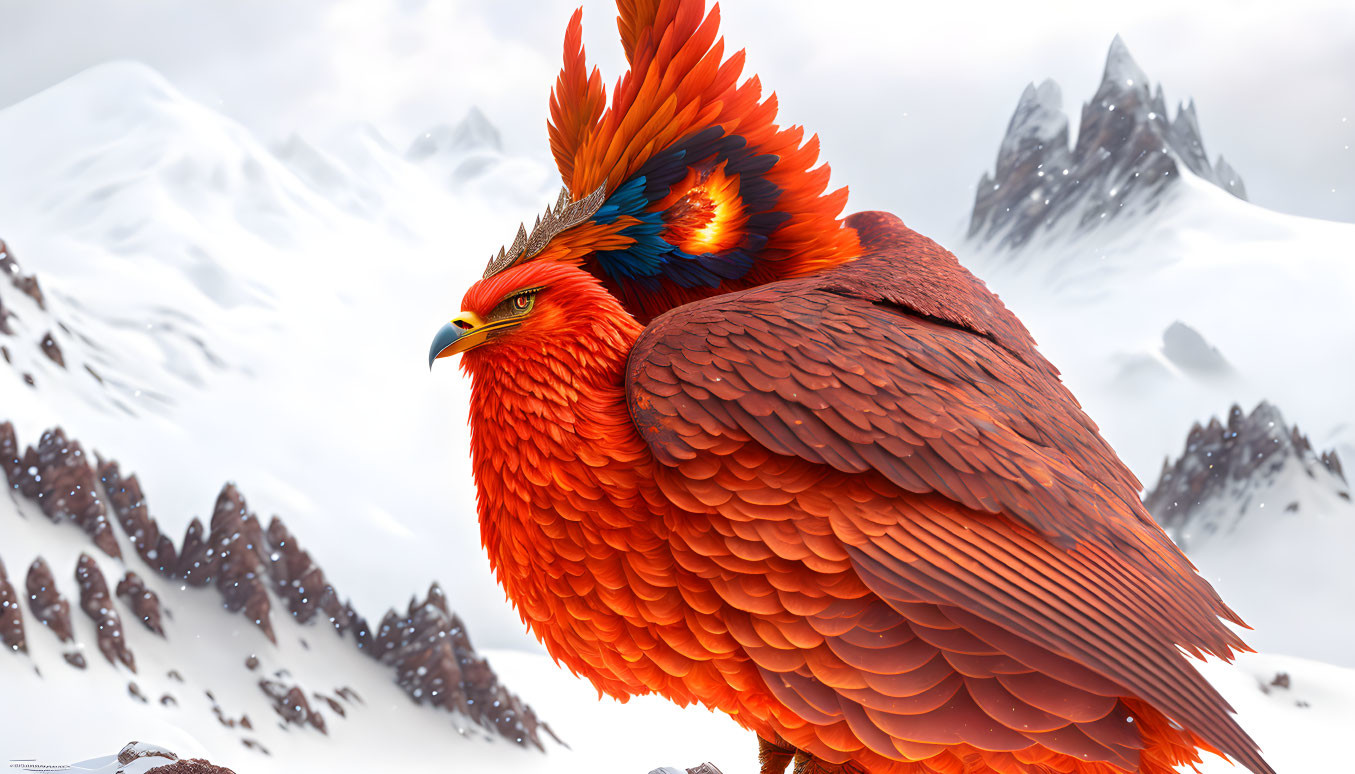 Colorful bird in orange and blue on snowy mountain background